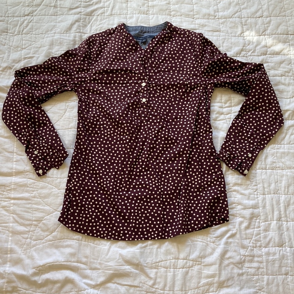 Women’s Burgundy Polka Dot Long-Sleeve Blouse